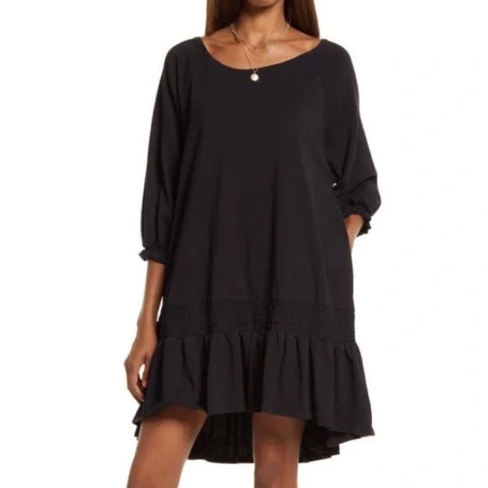 Free People Beach black mini dress with open back and pockets, oversized